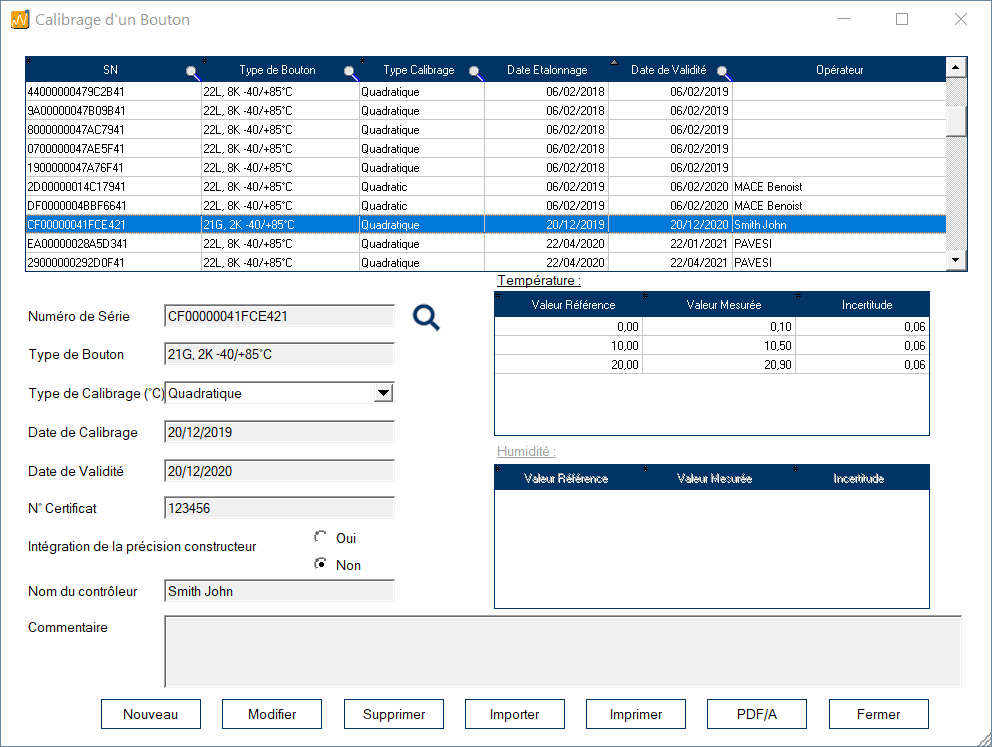 Calibration enregistreurs de température Thermo Boutons