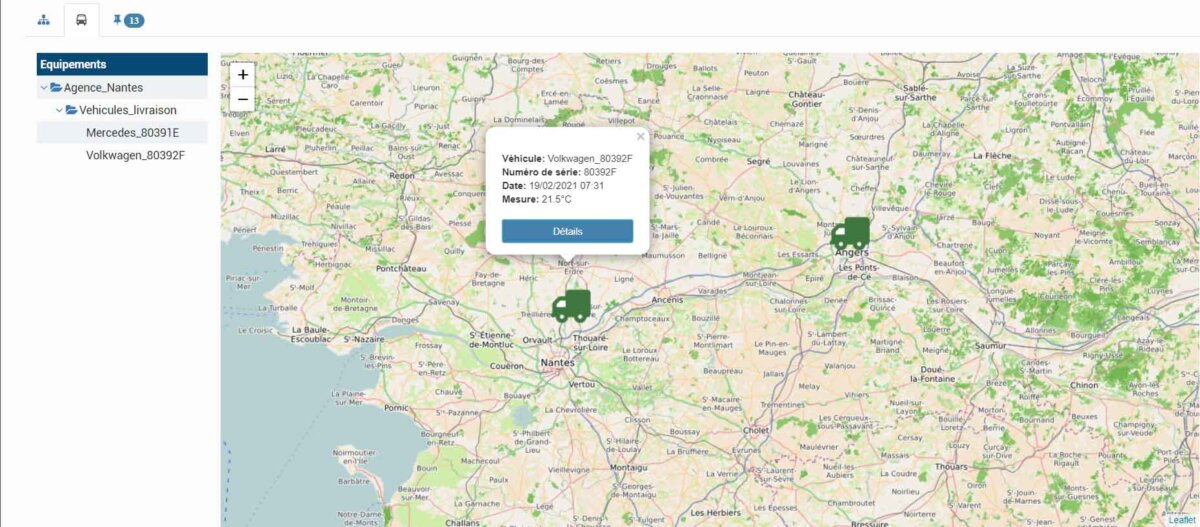 Interface de suivi des camions frigorifiques sur carte via Thermotrack Webserve